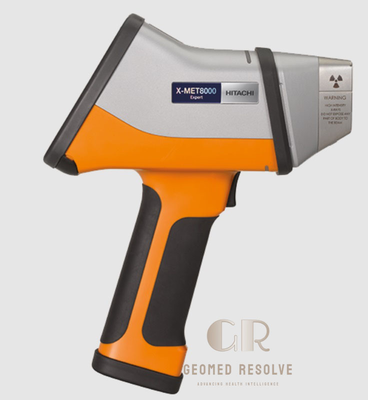 Hitachi X-MET8000 Expert Geo Handheld XRF Analyzer for Geochemical Analysis Hitachi X-MET8000 Expert Geo handheld XRF analyzer for mining exploration, geochemical surveys, ore grade control, soil analysis, and elemental testing